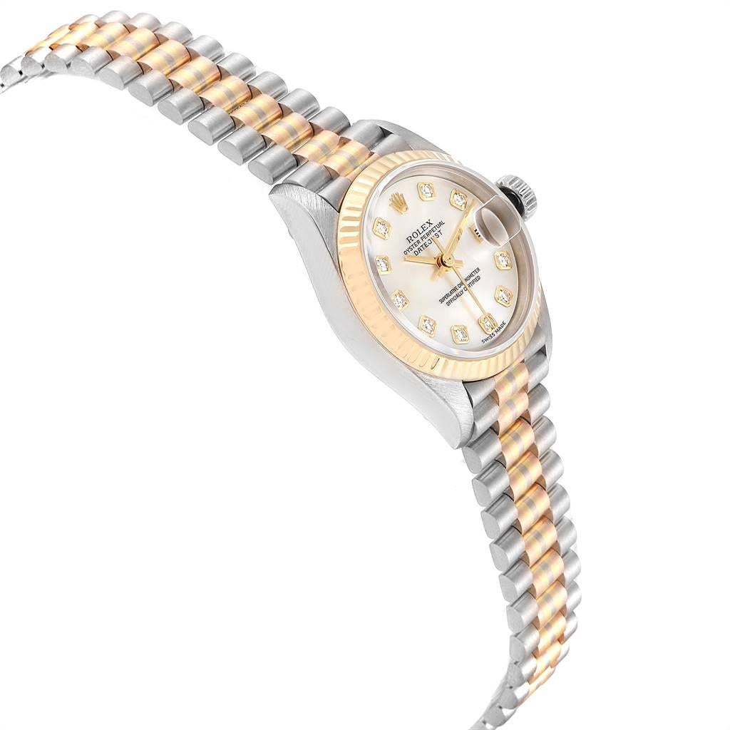 Rolex President Tridor White Yellow Rose Gold Diamond Ladies Watch 69179 In Excellent Condition In Atlanta, GA