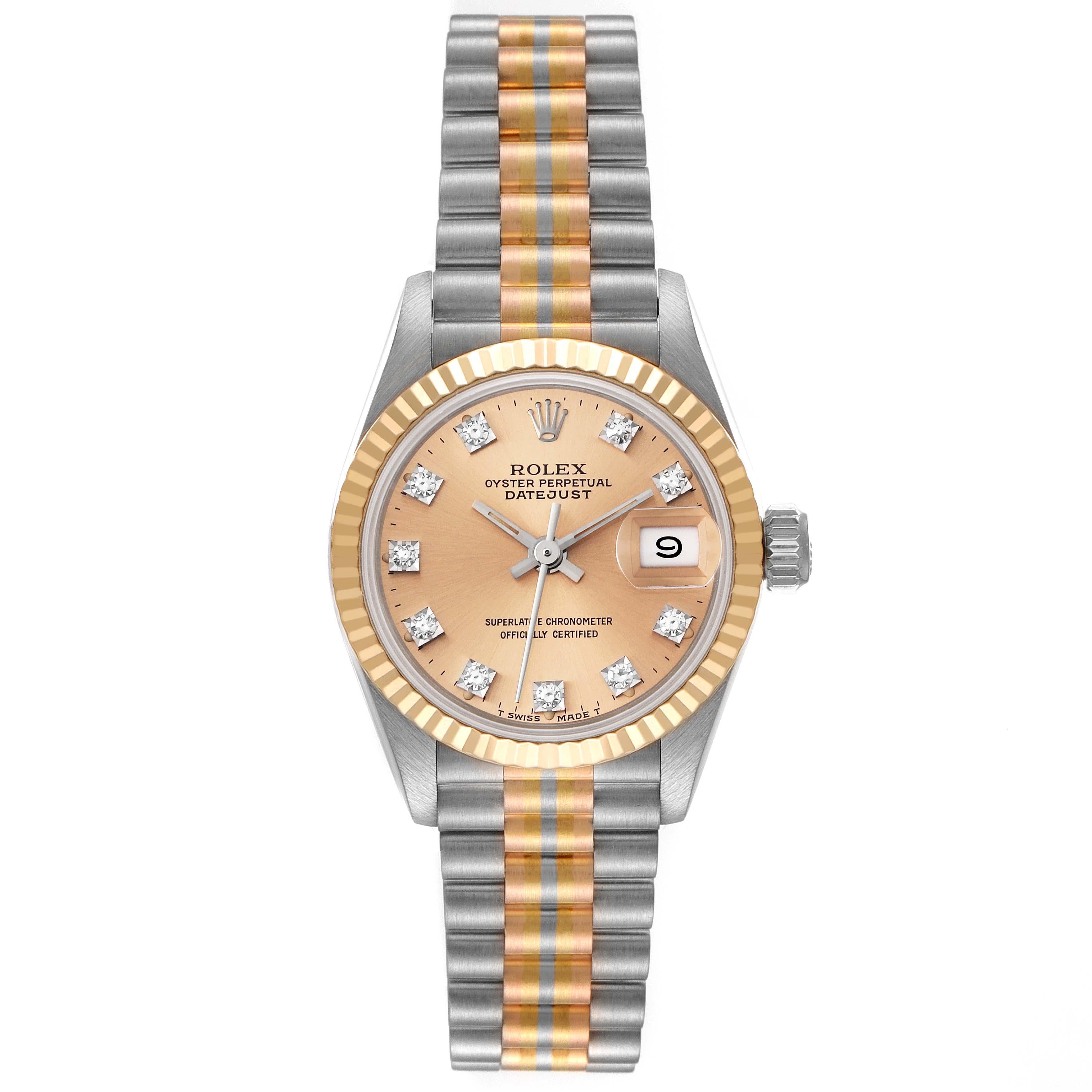 Rolex President Tridor White Yellow Rose Gold Diamond Ladies Watch 69179 Box Papers. Officially certified chronometer automatic self-winding movement. 18k white gold oyster case 26.0 mm in diameter. Rolex logo on crown. 18k yellow gold fluted bezel.
