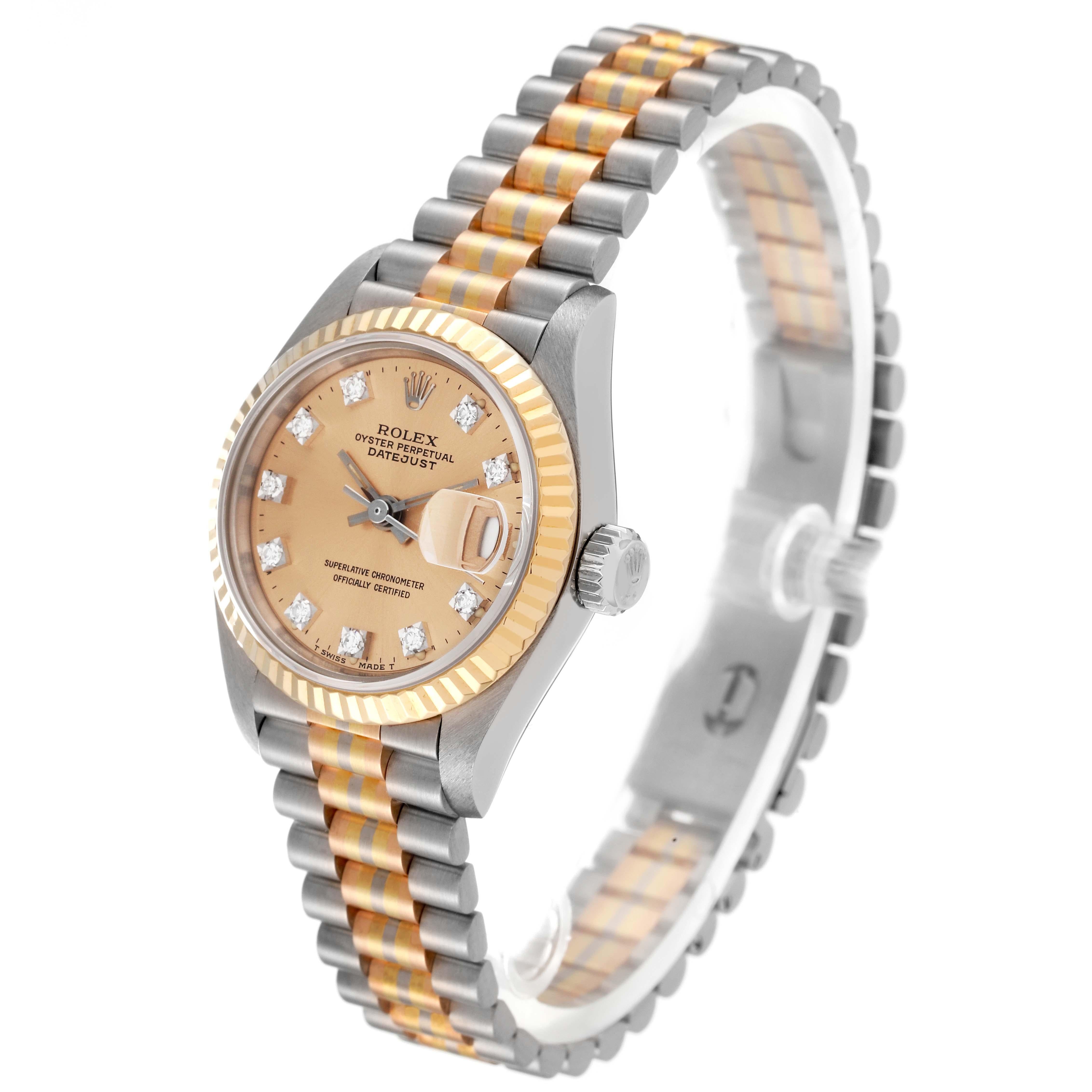 Rolex President Tridor White Yellow Rose Gold Diamond Watch 69179 Box Papers In Excellent Condition In Atlanta, GA