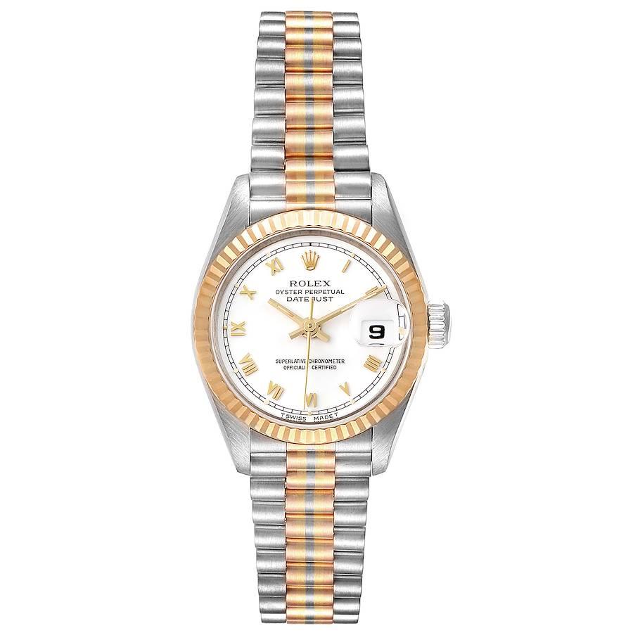 Rolex President Tridor White Yellow Rose Gold Ladies Watch 69179. Officially certified chronometer self-winding movement. 18k white gold oyster case 26.0 mm in diameter. Rolex logo on a crown. 18K yellow gold fluted bezel. Scratch resistant sapphire