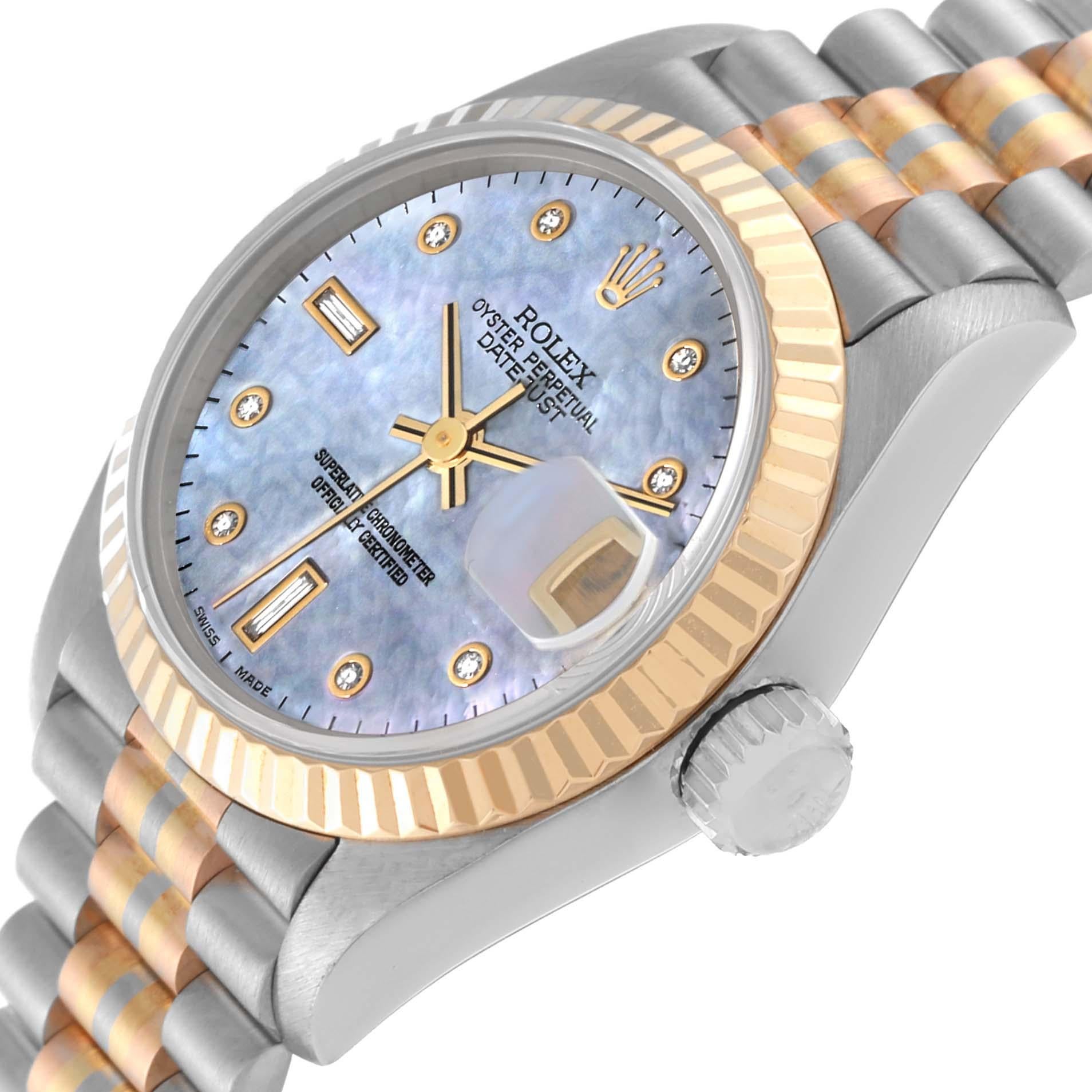 Rolex President Tridor White Yellow Rose Gold MOP Diamond Ladies Watch 69179. Officially certified chronometer self-winding movement. 18k white gold oyster case 26.0 mm in diameter. Rolex logo on a crown. 18K yellow gold fluted bezel. Scratch