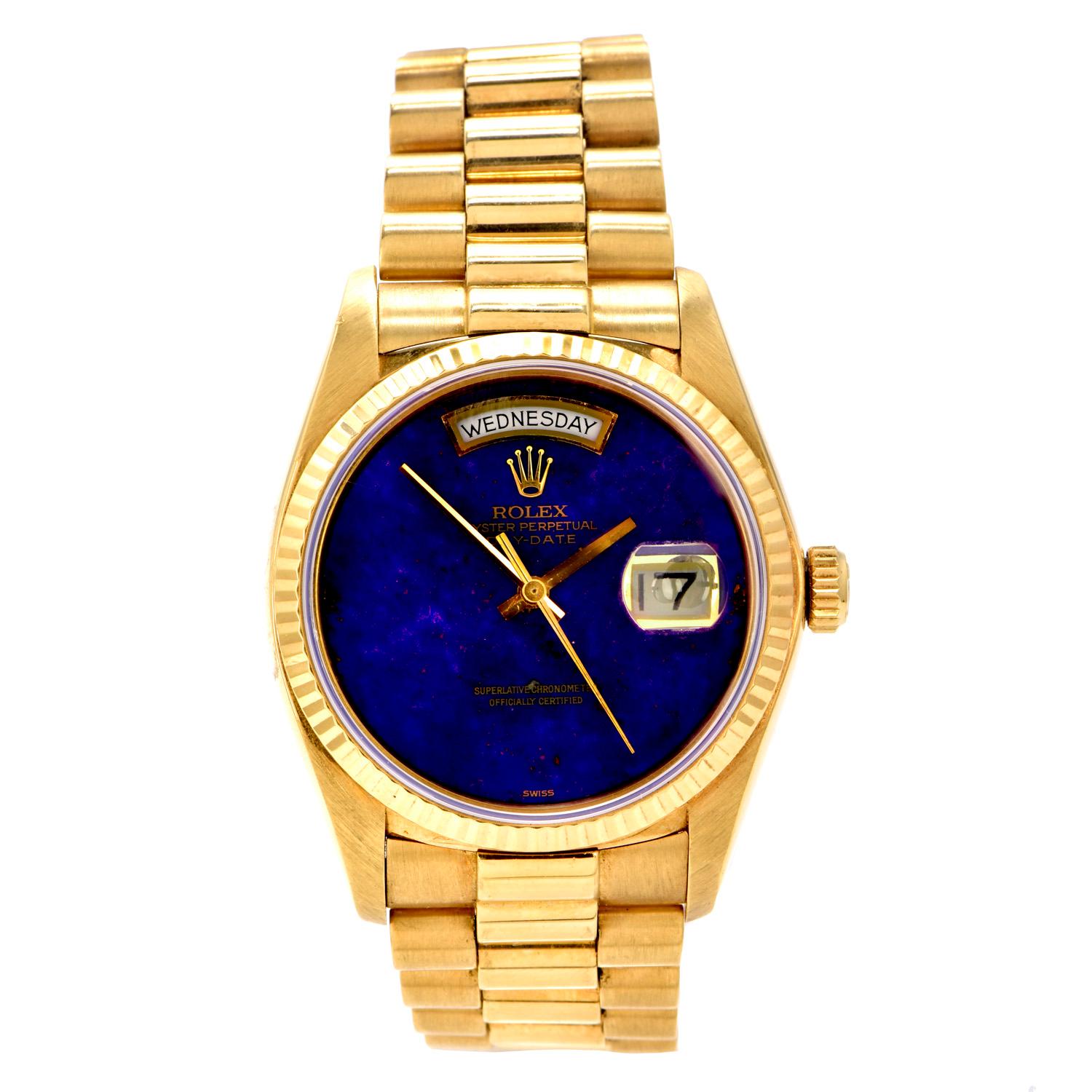 Handsome, Vintage Gentlemen’s Rolex President Day-Date watch, Ref 18038

dated from the LAte 1980s.

It is crafted in 18k yellow gold.

Featuring All Original scratch-resistant Sapphire Crystal, 

Rare Desirable Genuine Lapis Dial, gold hands, day