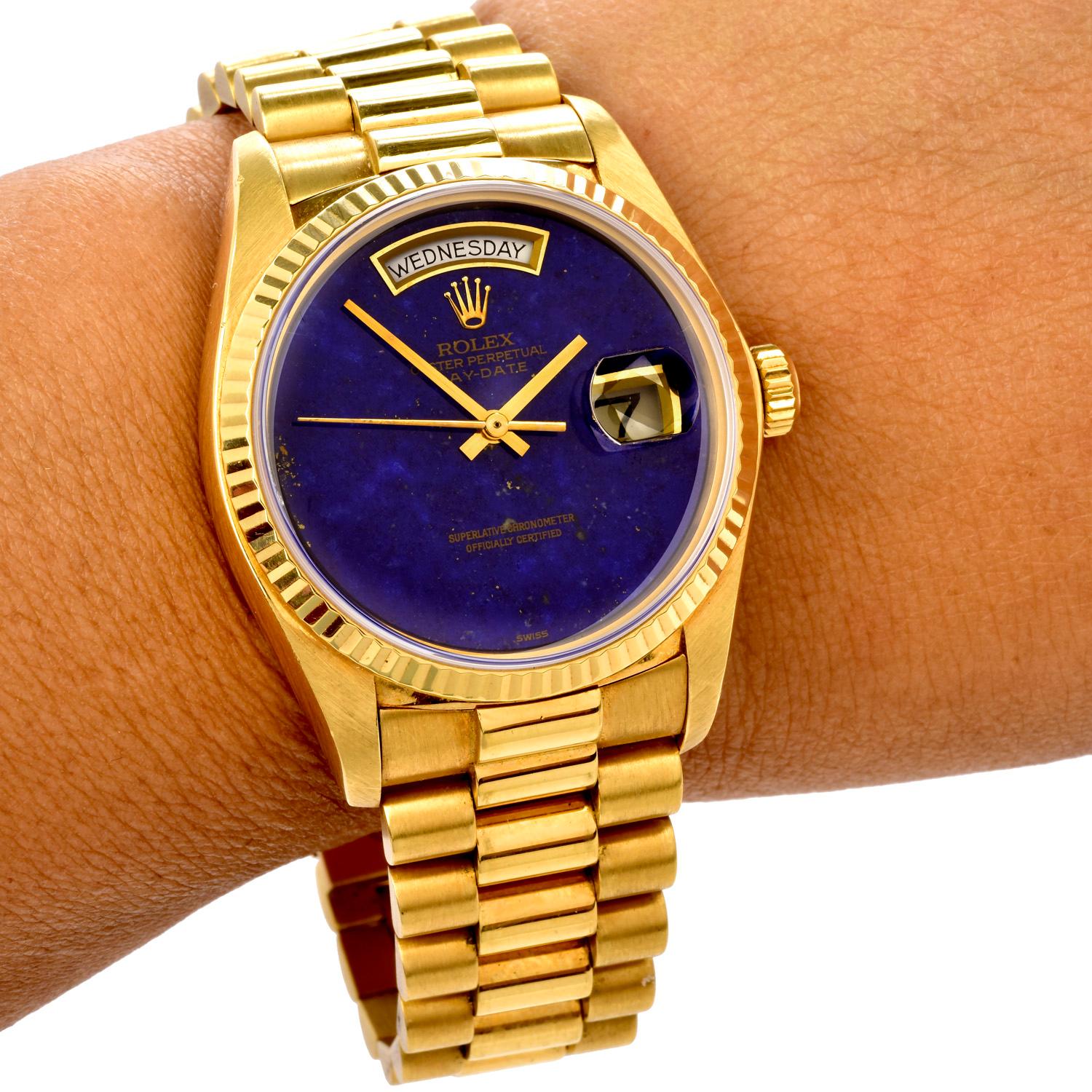 Uncut Rolex President Vintage Lapis Dial Gold Day-Date Watch Ref 18038