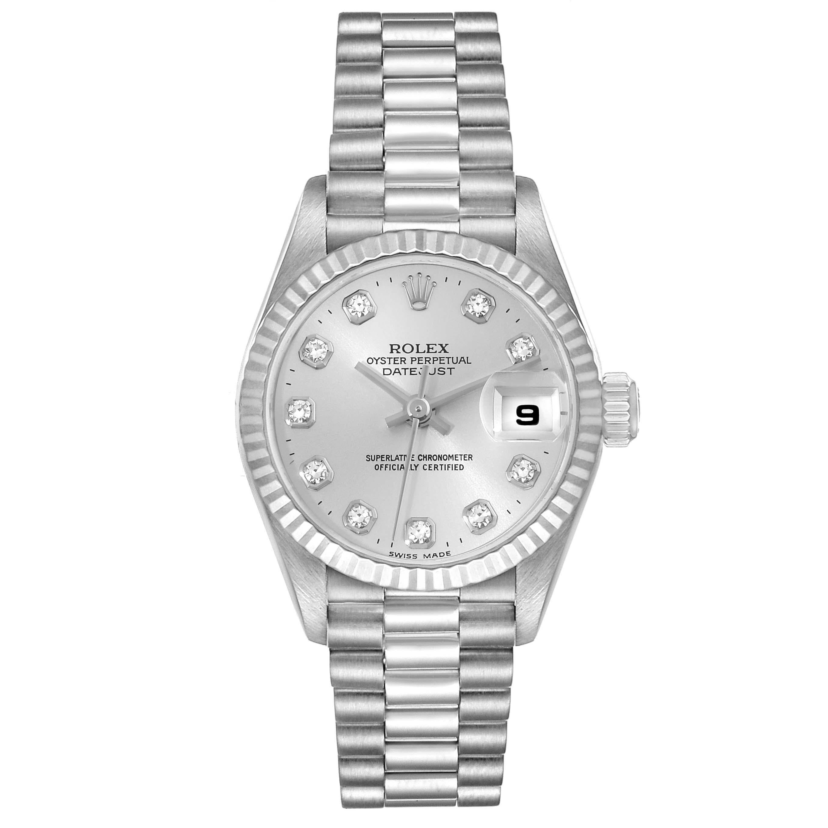 Rolex President White Gold Diamond Dial Ladies Watch 79179 Box Papers. Officially certified chronometer self-winding movement. 18k white gold oyster case 26.0 mm in diameter. Rolex logo on a crown. 18k white gold fluted bezel. Scratch resistant