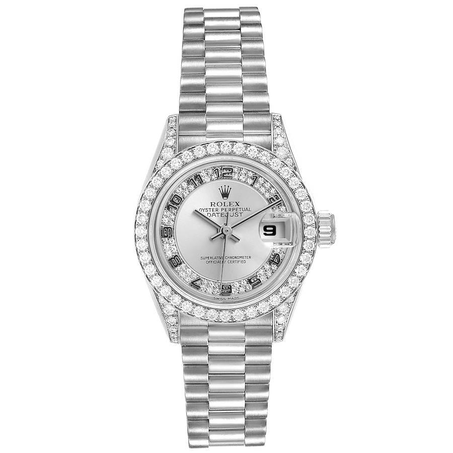 Rolex President White Gold Myriad Diamond Dial Ladies Watch 69159 Box Papers. Officially certified chronometer self-winding movement. 18k white gold oyster case 26.0 mm in diameter. Rolex logo on a crown. 18k white gold diamond bezel. Scratch