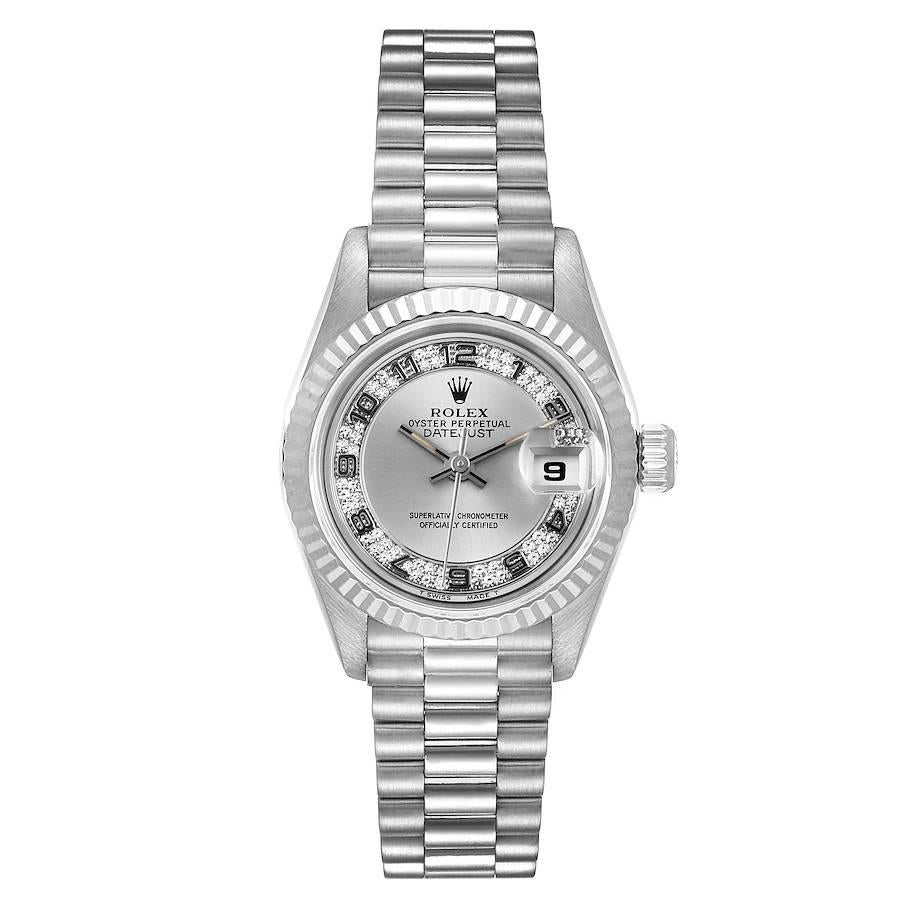 Rolex President White Gold Myriad Diamond Dial Ladies Watch 69179 Box Papers. Officially certified chronometer self-winding movement. 18k white gold oyster case 26.0 mm in diameter. Rolex logo on a crown. 18k white gold diamond bezel. Scratch