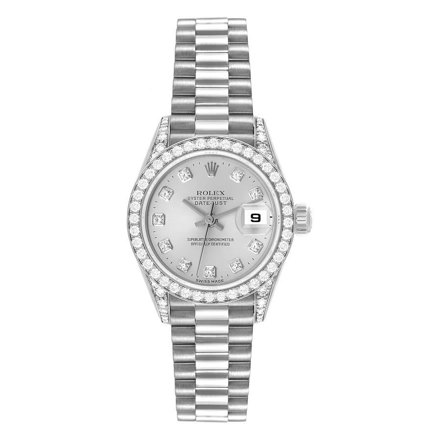 Rolex President White Gold Silver Diamond Dial Ladies Watch 79159. Officially certified chronometer self-winding movement. 18k white gold oyster case 26.0 mm in diameter. Original Rolex factory diamond lugs. Rolex logo on a crown. Original Rolex