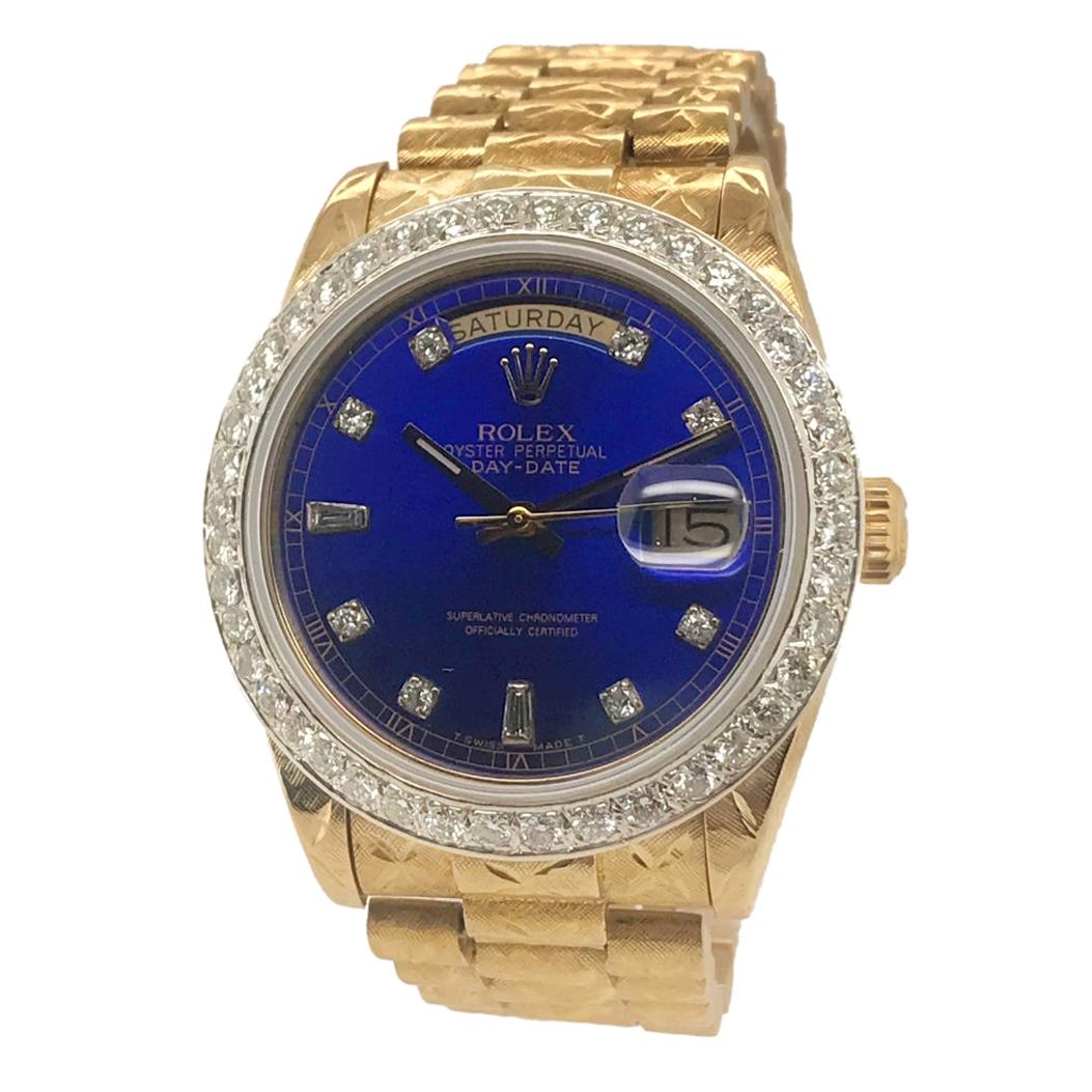 Rolex President with Blue Diamond Dial and Bezel, Engraved 18k Case and Bracelet