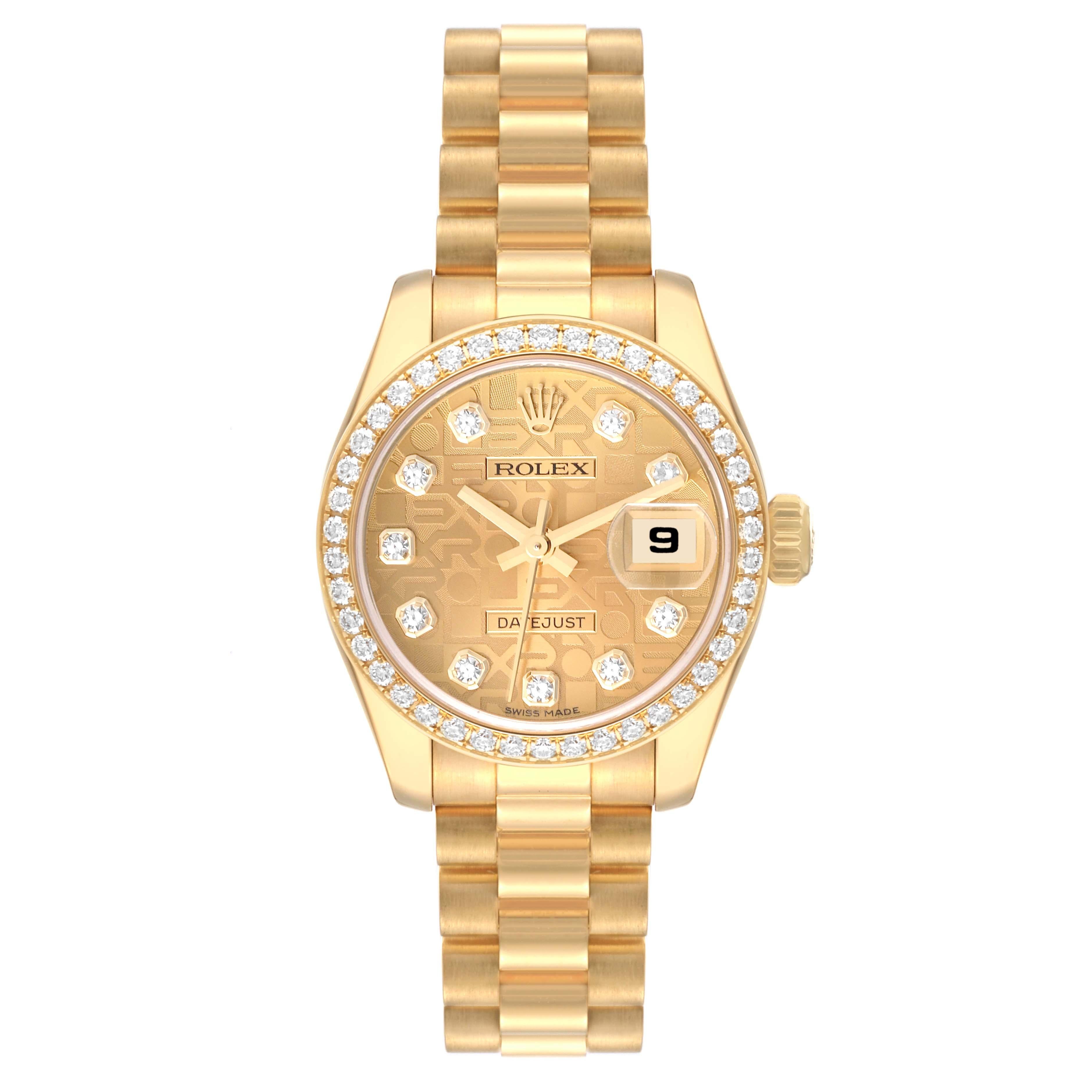 Rolex President Yellow Gold Anniversary Dial Diamond Ladies Watch 179138. Officially certified chronometer self-winding movement. 18k yellow gold oyster case 26.0 mm in diameter. Rolex logo on a crown. 18k yellow gold original Rolex factory diamond
