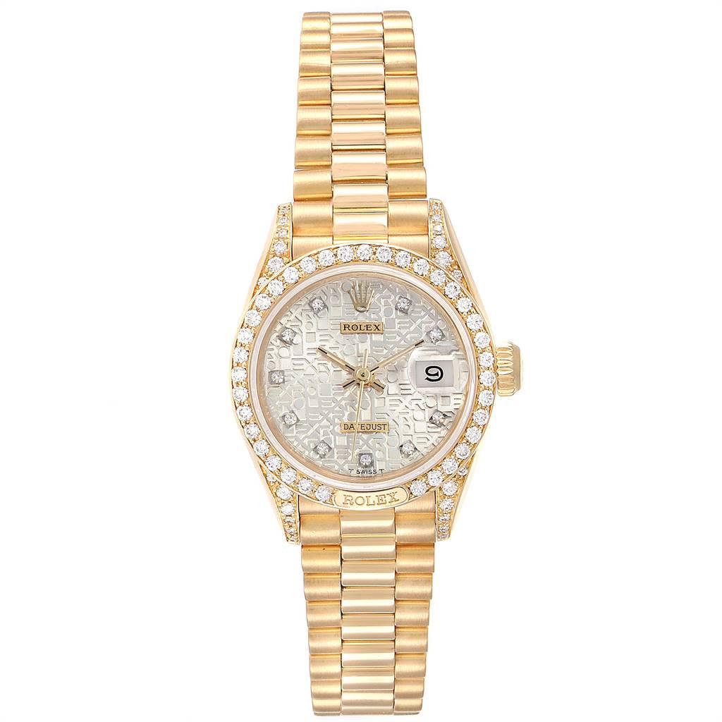 Rolex President Yellow Gold Anniversary Dial Diamond Ladies Watch 69158. Officially certified chronometer self-winding movement. 18k yellow gold oyster case 26.0 mm in diameter. Rolex logo on a crown. Original Rolex factory diamond lugs. Original