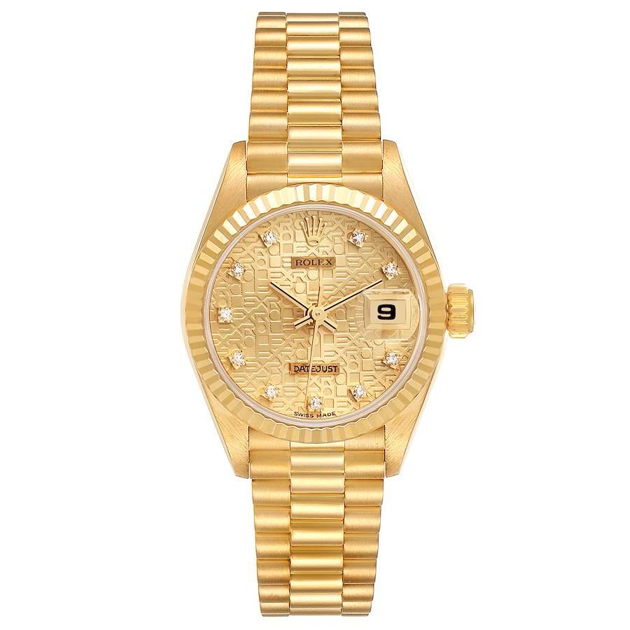 Rolex President Yellow Gold Anniversary Diamond Dial Ladies Watch 69178. Officially certified chronometer self-winding movement. 18k yellow gold oyster case 26.0 mm in diameter. Rolex logo on a crown. 18k yellow gold fluted bezel. Scratch resistant