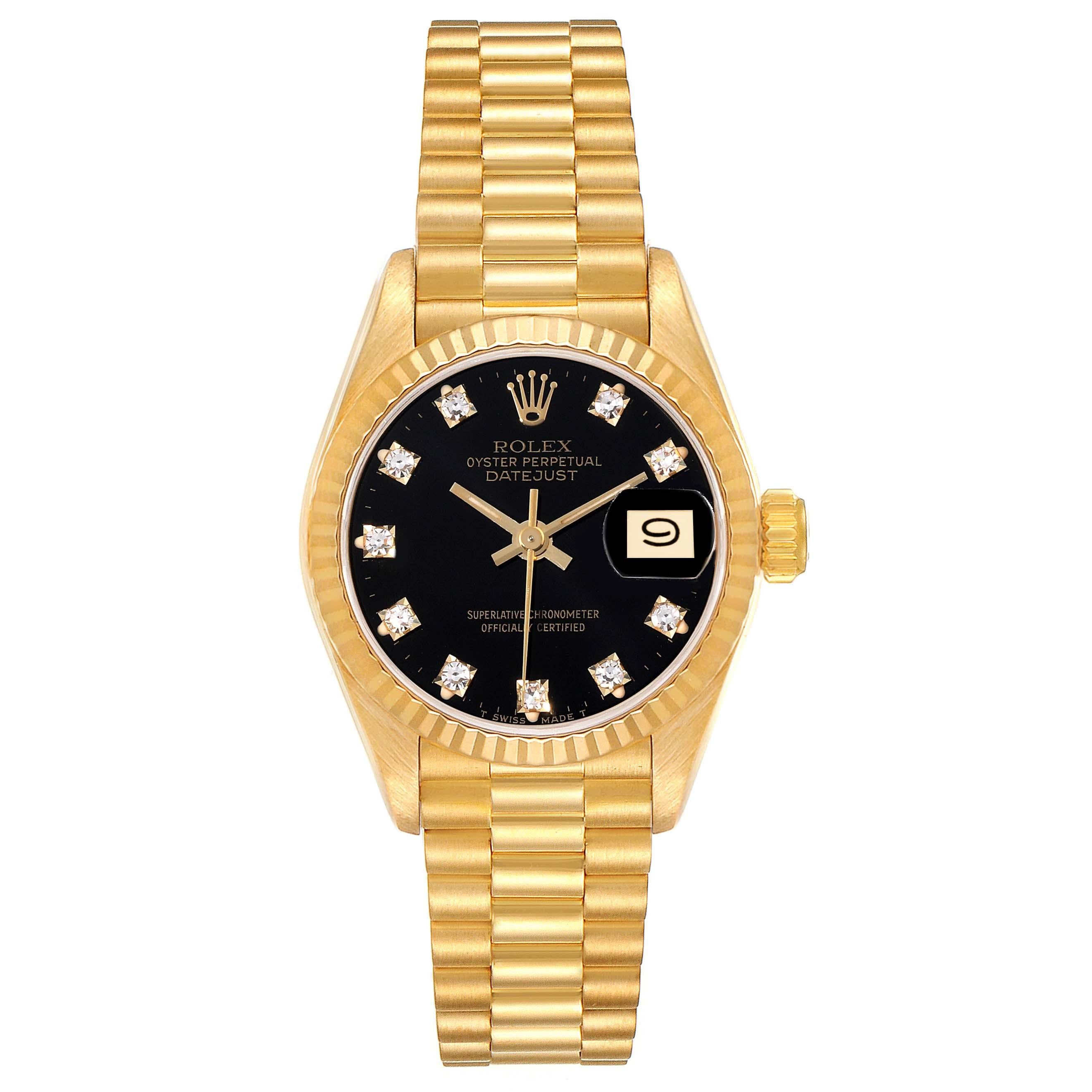 Rolex President Yellow Gold Black Diamond Dial Ladies Watch 69178. Officially certified chronometer automatic self-winding movement. 18k yellow gold oyster case 26.0 mm in diameter. Rolex logo on the crown. 18k yellow gold fluted bezel. Scratch