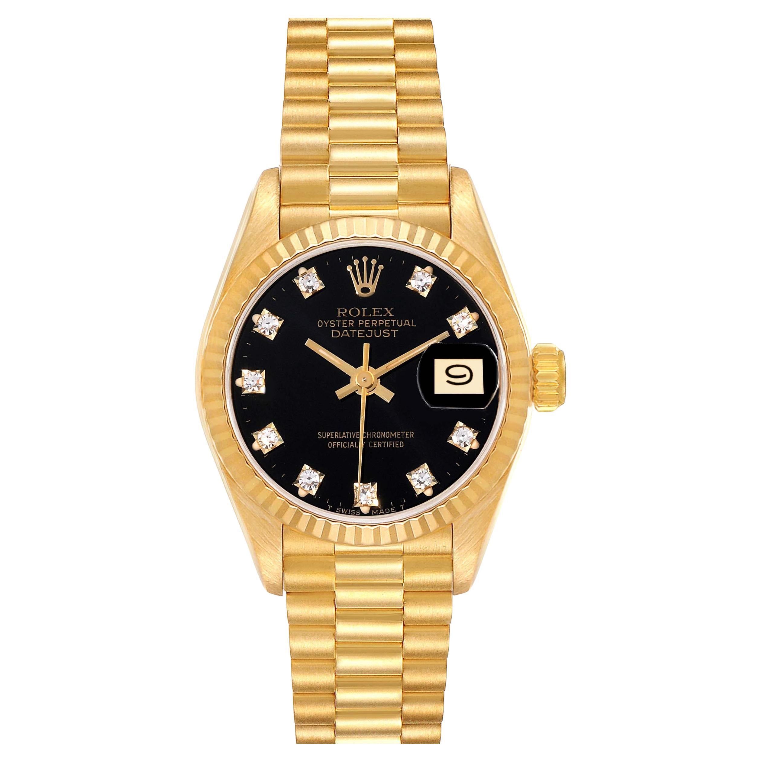 Rolex President Yellow Gold Black Diamond Dial Ladies Watch 69178