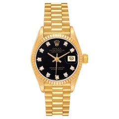Rolex President Yellow Gold Black Diamond Dial Ladies Watch 69178