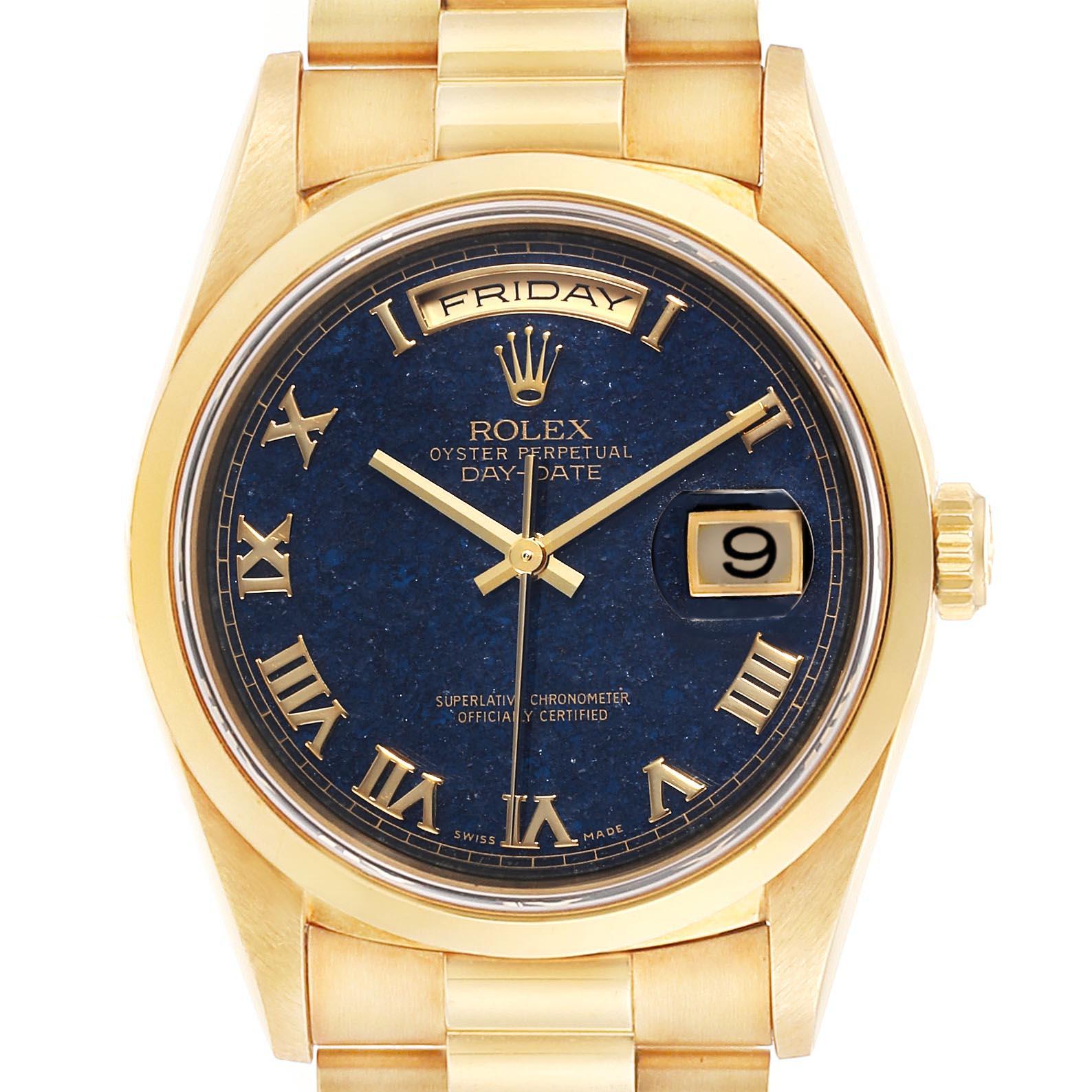 Rolex President Yellow Gold Blue Aventurine Mens Watch 18208 Box Papers. Officially certified chronometer self-winding movement. 18k yellow gold oyster case 36.0 mm in diameter. Rolex logo on a crown. 18K yellow gold fluted bezel. Scratch resistant