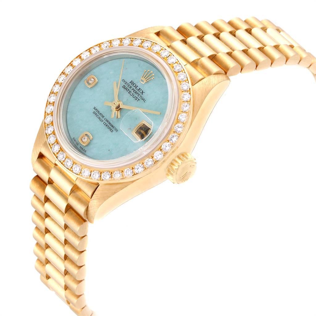 Rolex President Yellow Gold Blue Jadeite Diamond Ladies Watch 69178 In Excellent Condition In Atlanta, GA