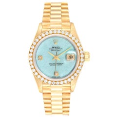 Rolex President Yellow Gold Blue Jadeite Diamond Ladies Watch 69178