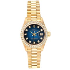 Rolex President Yellow Gold Blue Vignette Diamond Ladies Watch 69138