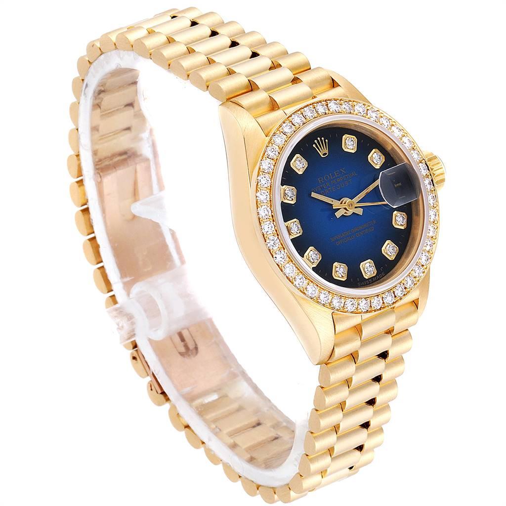 Rolex President Yellow Gold Blue Vignette Diamond Ladies Watch 69138 In Excellent Condition For Sale In Atlanta, GA