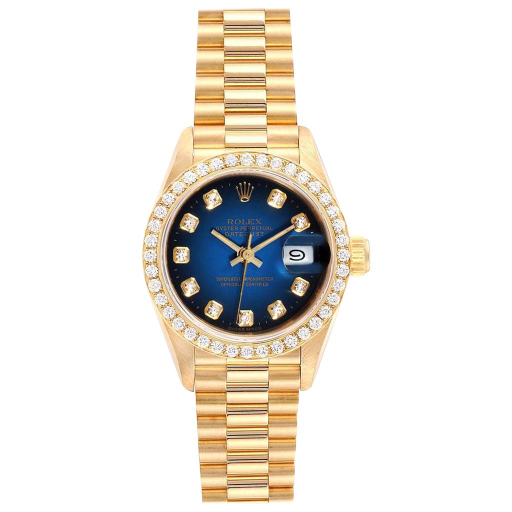 Rolex President Yellow Gold Blue Vignette Diamond Ladies Watch 69138 For Sale