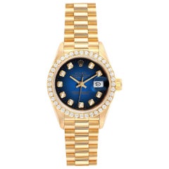Rolex President Yellow Gold Blue Vignette Diamond Ladies Watch 69138