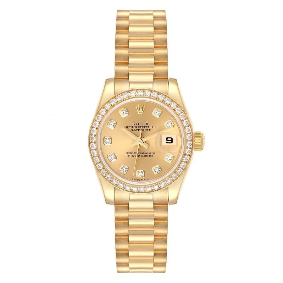 Rolex President Yellow Gold Diamond Dial Bezel Ladies Watch 179138. Officially certified chronometer self-winding movement. 18k yellow gold oyster case 26.0 mm in diameter. Rolex logo on a crown. 18k yellow gold Rolex factory diamond bezel. Scratch