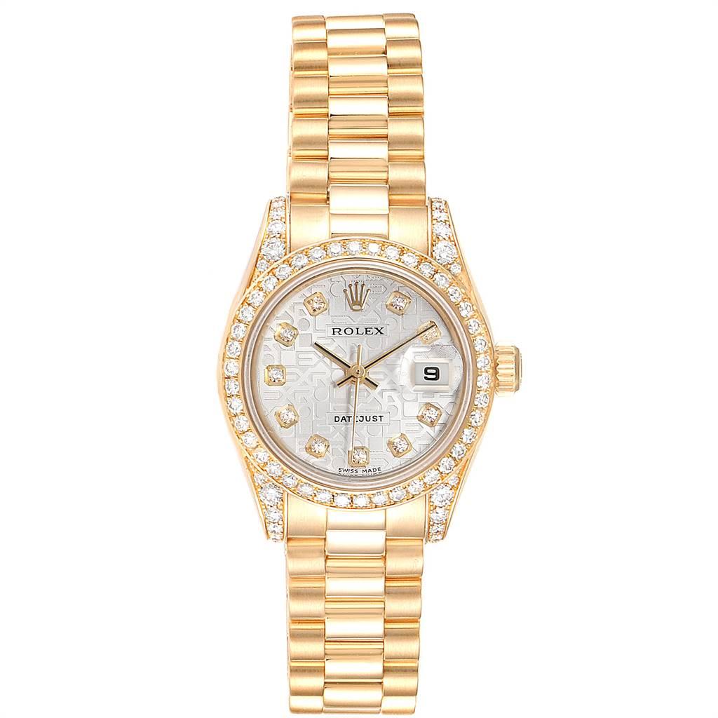 Rolex President Yellow Gold Diamond Dial Bezel Lugs Ladies Watch 179158. Officially certified chronometer self-winding movement. 18k yellow gold oyster case 26.0 mm in diameter. Rolex logo on a crown. Original Rolex factory Rolex diamond lugs.