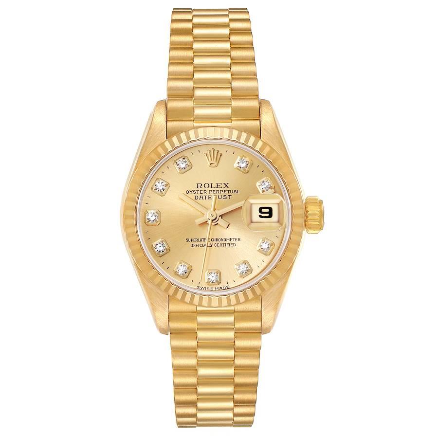 Rolex President Yellow Gold Diamond Dial Ladies Watch 69178 Box Papers. Officially certified chronometer automatic self-winding movement. 18k yellow gold oyster case 26.0 mm in diameter. Rolex logo on the crown. 18k yellow gold fluted bezel. Scratch