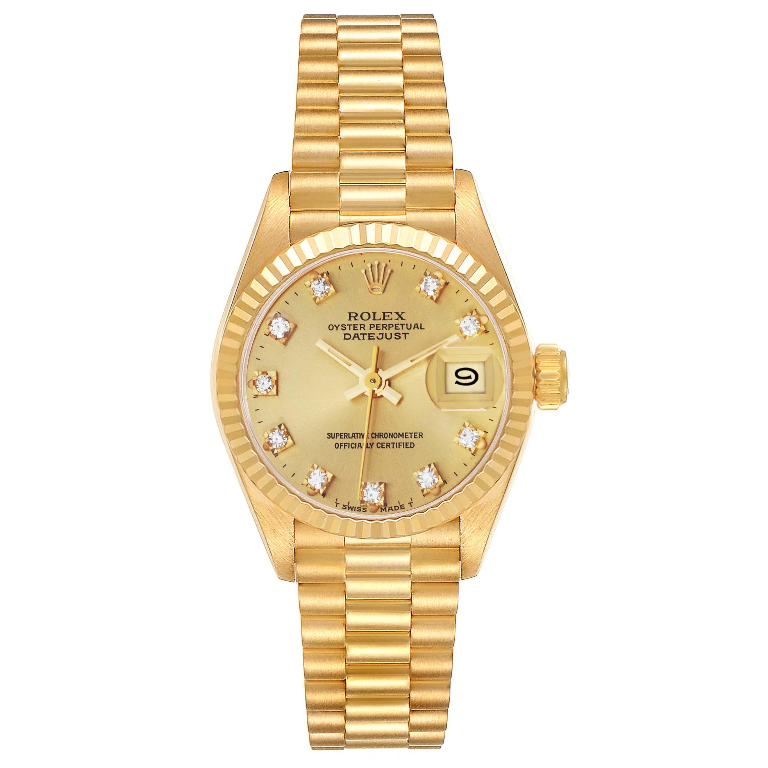 Rolex President Yellow Gold Diamond Dial Ladies Watch 69178. Officially certified chronometer automatic self-winding movement. 18k yellow gold oyster case 26.0 mm in diameter. Rolex logo on the crown. 18k yellow gold fluted bezel. Scratch resistant