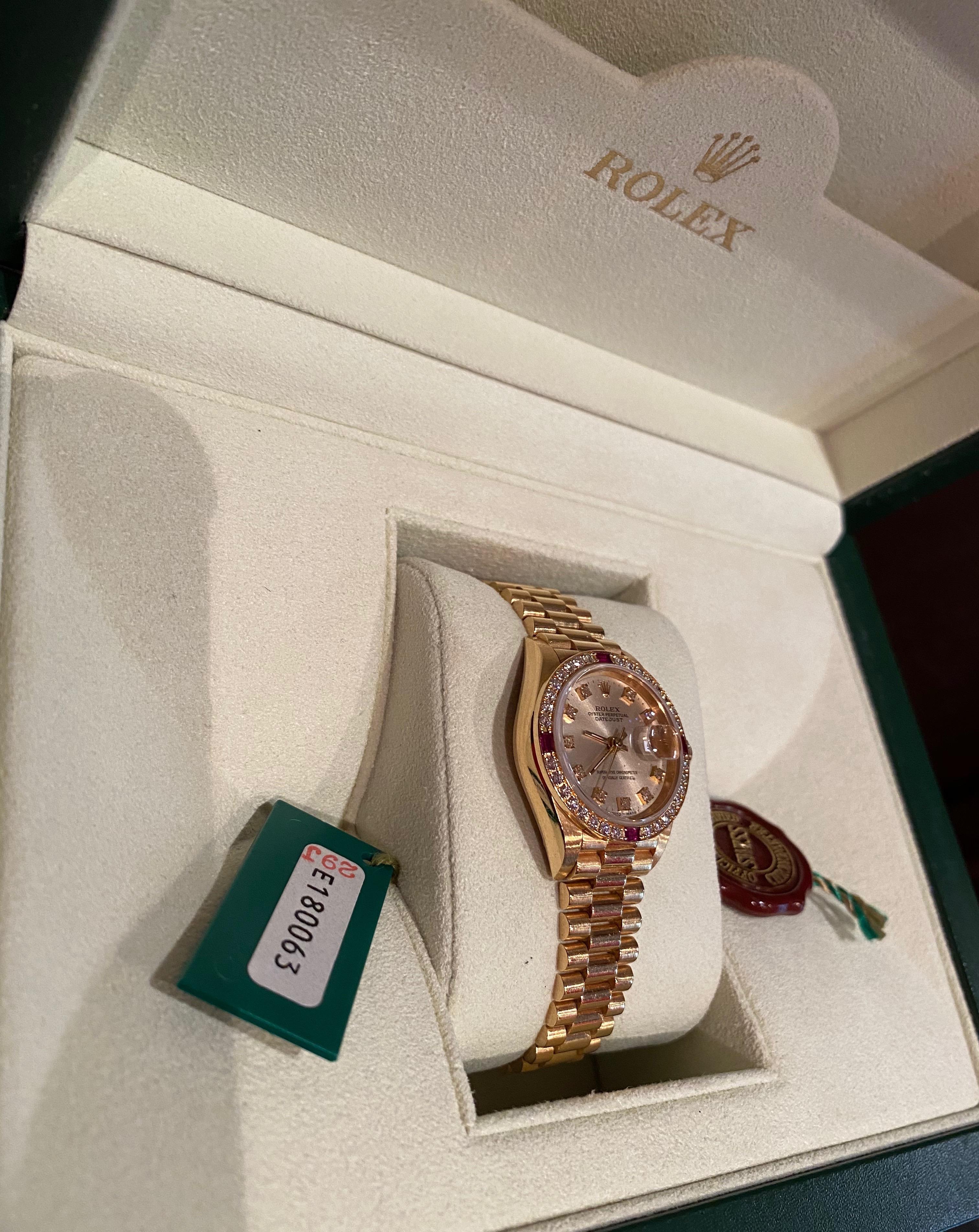 Modern Rolex President Yellow Gold Diamond Rubies Watch 69068 Box Papers