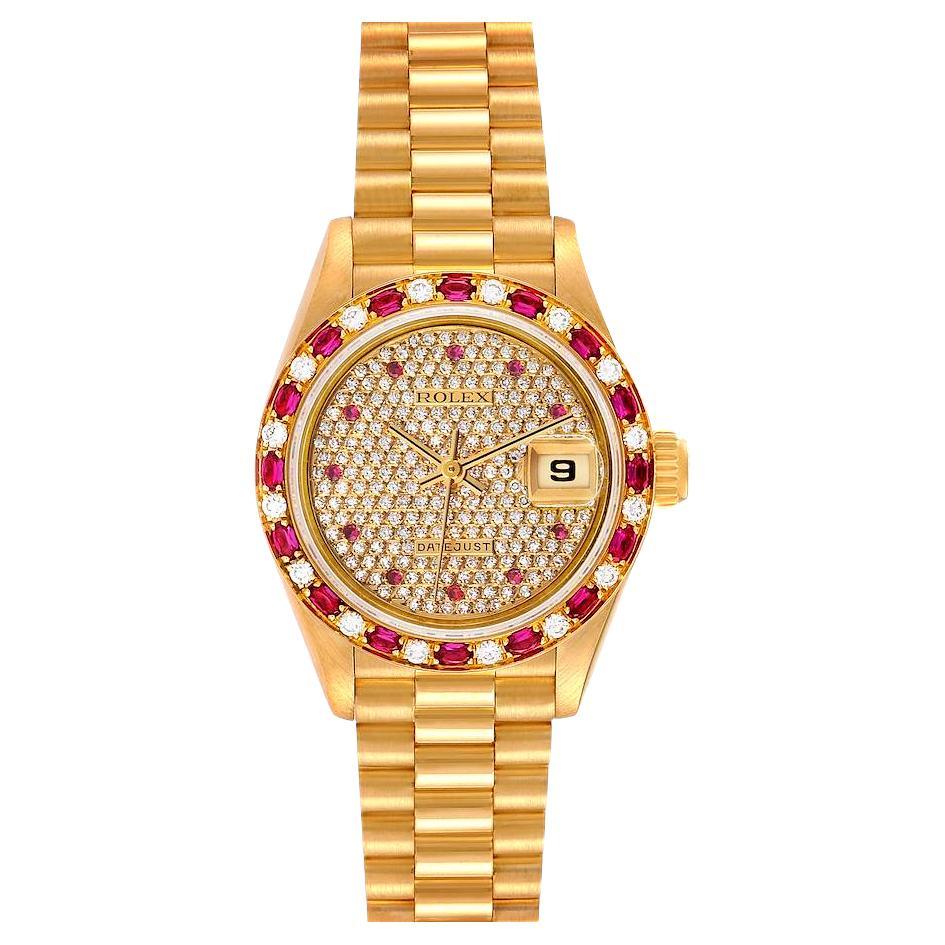 Rolex President Yellow Gold Diamond Ruby Ladies Watch 69198 Box Papers For Sale