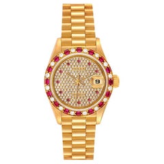 Rolex President Yellow Gold Diamond Ruby Ladies Watch 69198 Box Papers