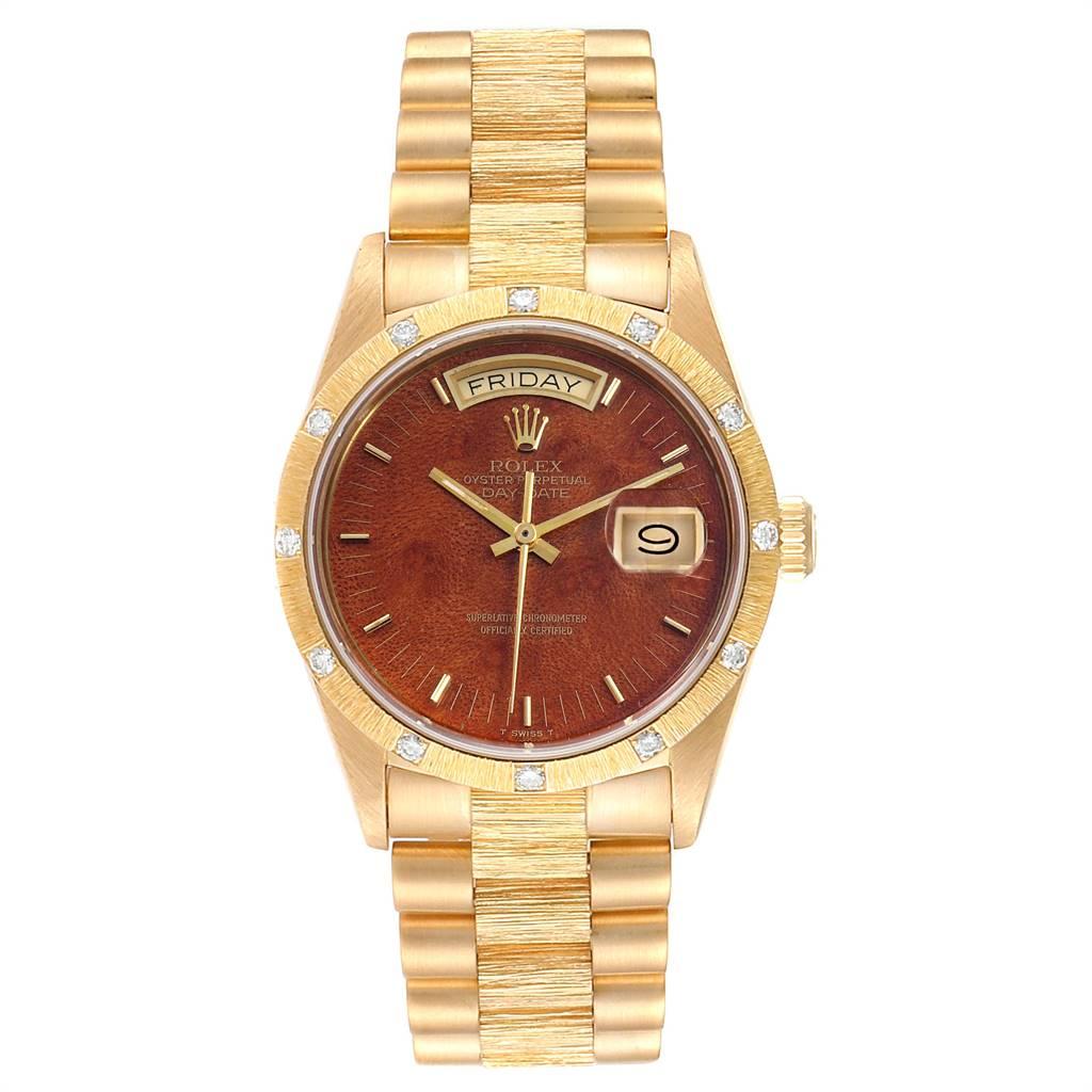 Rolex President Yellow Gold Diamond Wooden Dial Watch 18108. Officially certified chronometer self-winding movement. 18k yellow gold oyster case 36.0 mm in diameter. Rolex logo on a crown. 18k yellow gold bark finish bezel with original Rolex