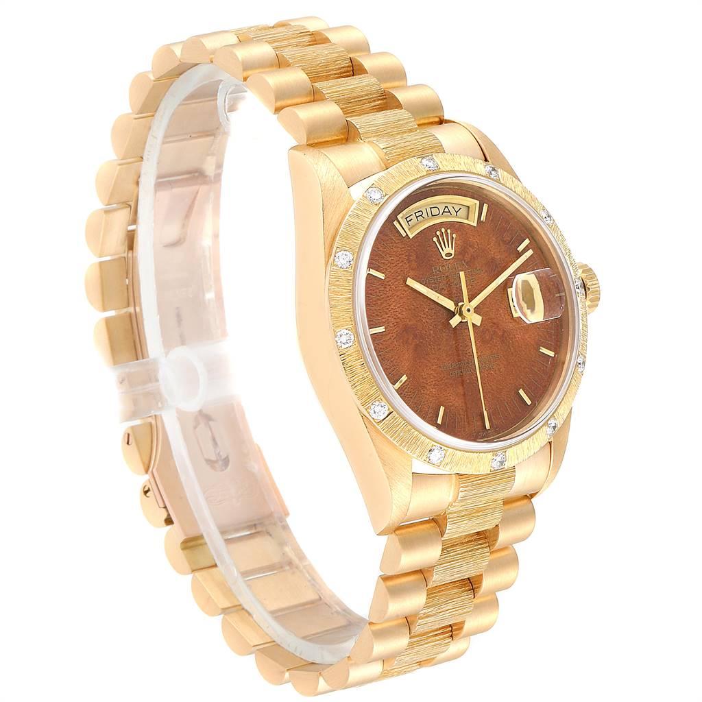 Rolex President Yellow Gold Diamond Wooden Dial Watch 18108 In Excellent Condition For Sale In Atlanta, GA