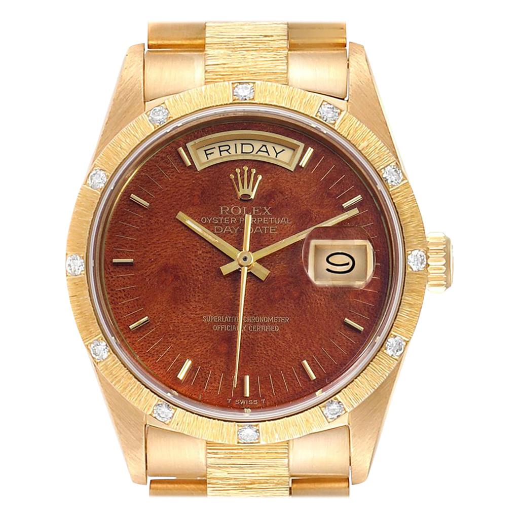 Rolex President Yellow Gold Diamond Wooden Dial Watch 18108 For Sale