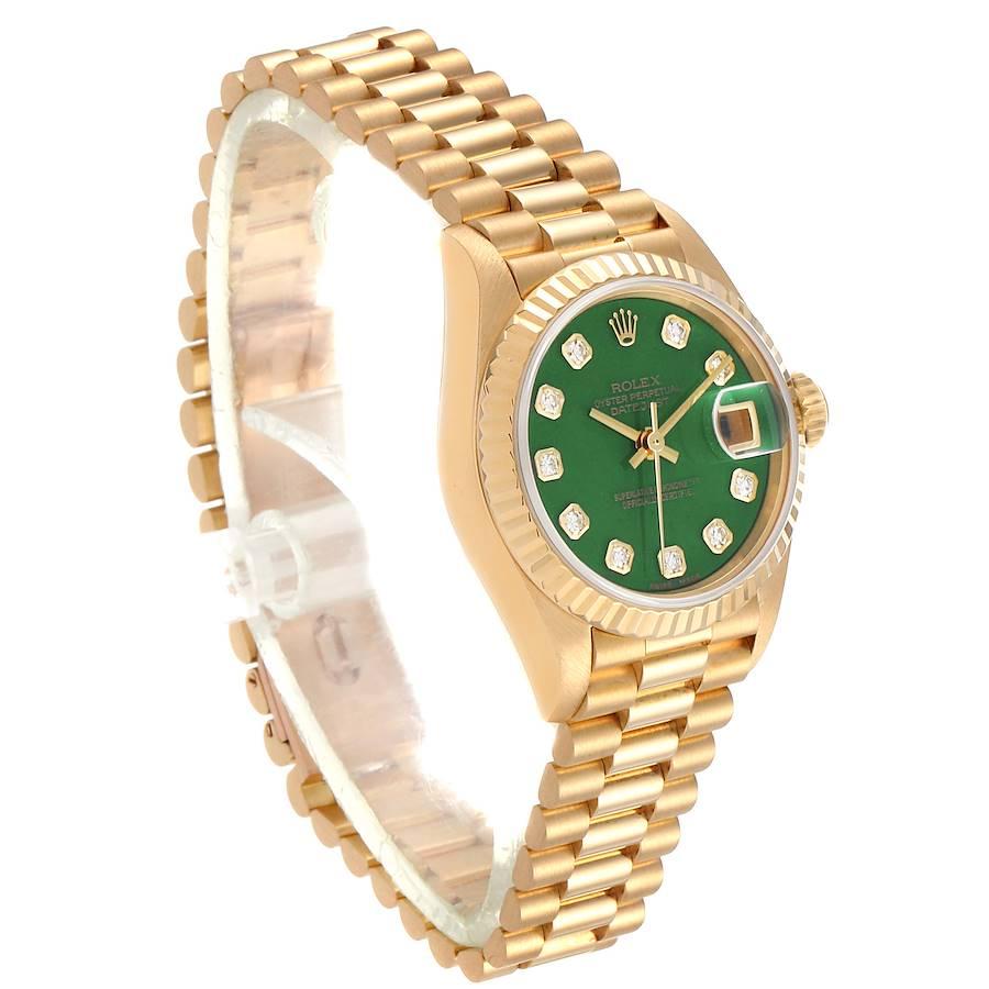 Rolex President Yellow Gold Green Stone Diamond Ladies Watch 69178 Box Papers In Excellent Condition For Sale In Atlanta, GA