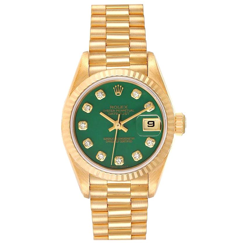 Rolex President Yellow Gold Green Stone Diamond Ladies Watch 69178 Box Papers For Sale