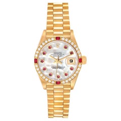 Rolex President Yellow Gold MOP Dial Diamond Ruby Ladies Watch 69068
