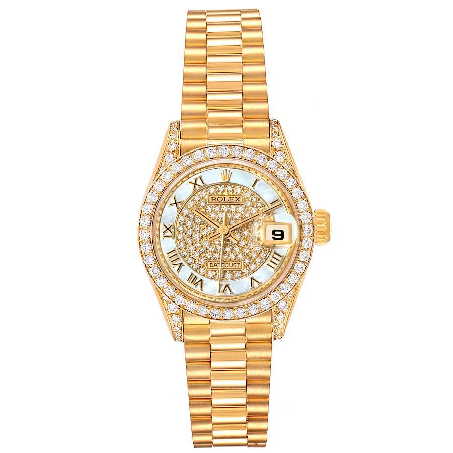 Rolex President Yellow Gold MOP Diamond Ladies Watch 69158 Box Papers. Officially certified chronometer self-winding movement. 18k yellow gold oyster case 26.0 mm in diameter. Rolex logo on a crown. Original Rolex factory diamond lugs. Original