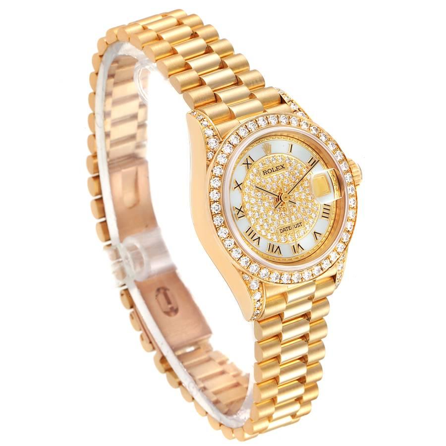 Rolex President Yellow Gold MOP Diamond Ladies Watch 69158 Box Papers In Excellent Condition In Atlanta, GA