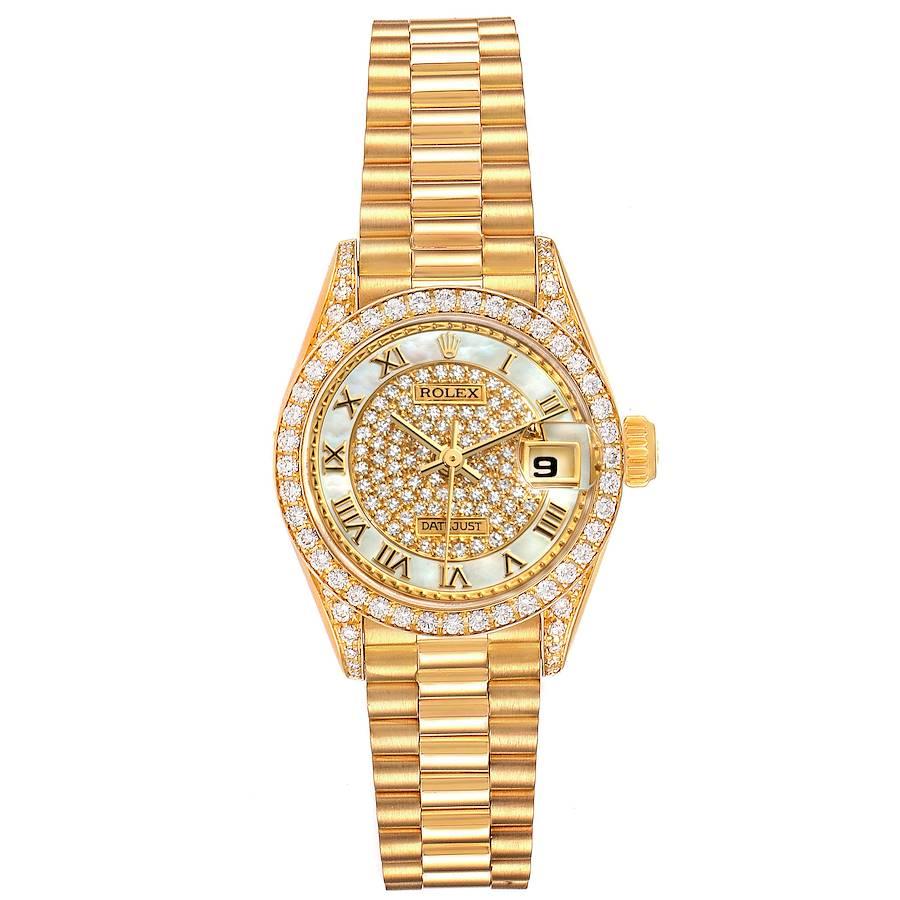 Rolex President Yellow Gold MOP Diamond Ladies Watch 69158. Officially certified chronometer self-winding movement. 18k yellow gold oyster case 26.0 mm in diameter. Rolex logo on a crown. Original Rolex factory diamond lugs. Original Rolex 18k
