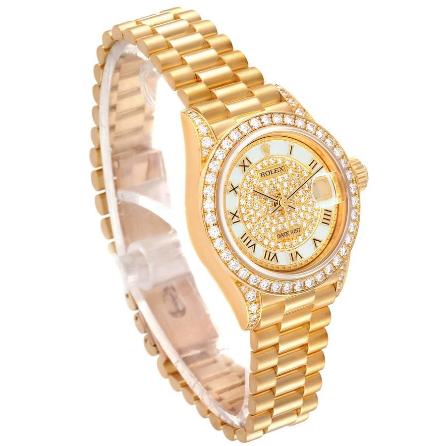 Rolex President Yellow Gold MOP Diamond Ladies Watch 69158 In Excellent Condition For Sale In Atlanta, GA