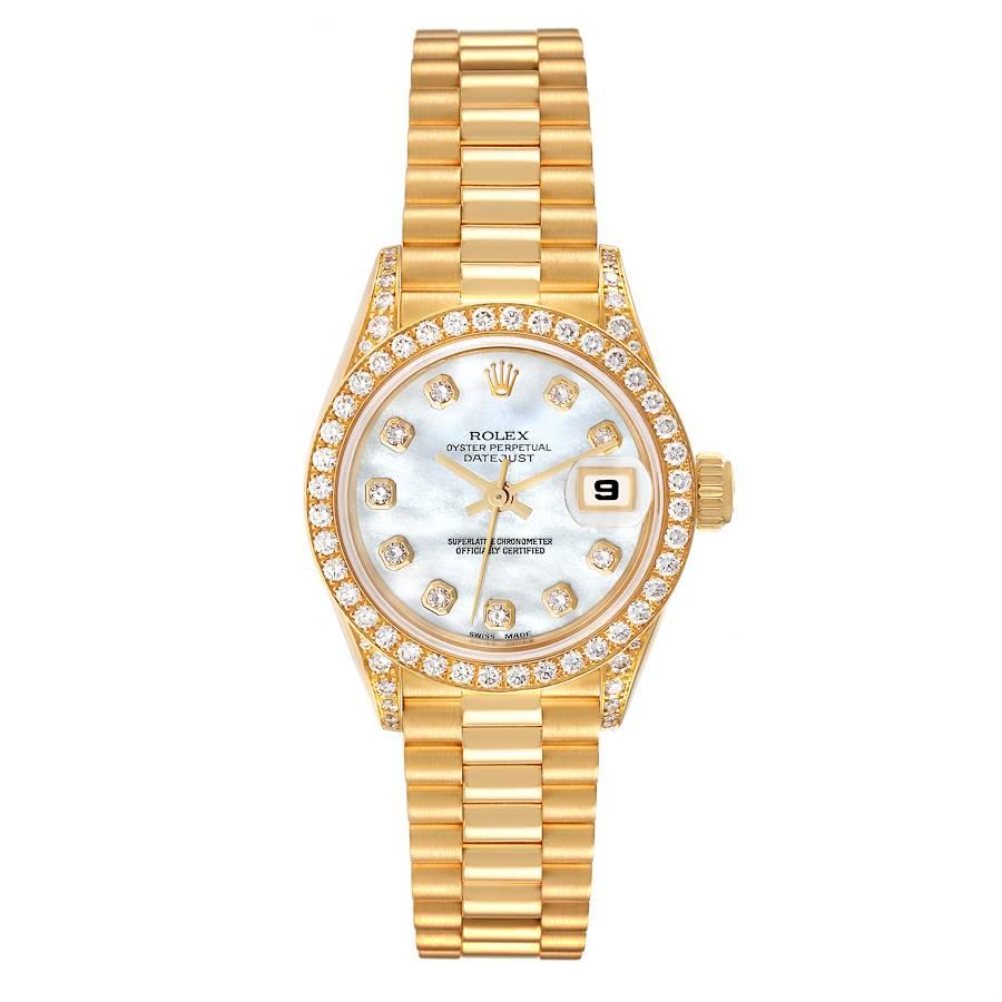 Rolex President  Yellow Gold Mother of Pearl Diamond Ladies Watch 69158. Officially certified chronometer self-winding movement. 18k yellow gold oyster case 26.0 mm in diameter. Rolex logo on a crown. Original Rolex factory diamond lugs. Original