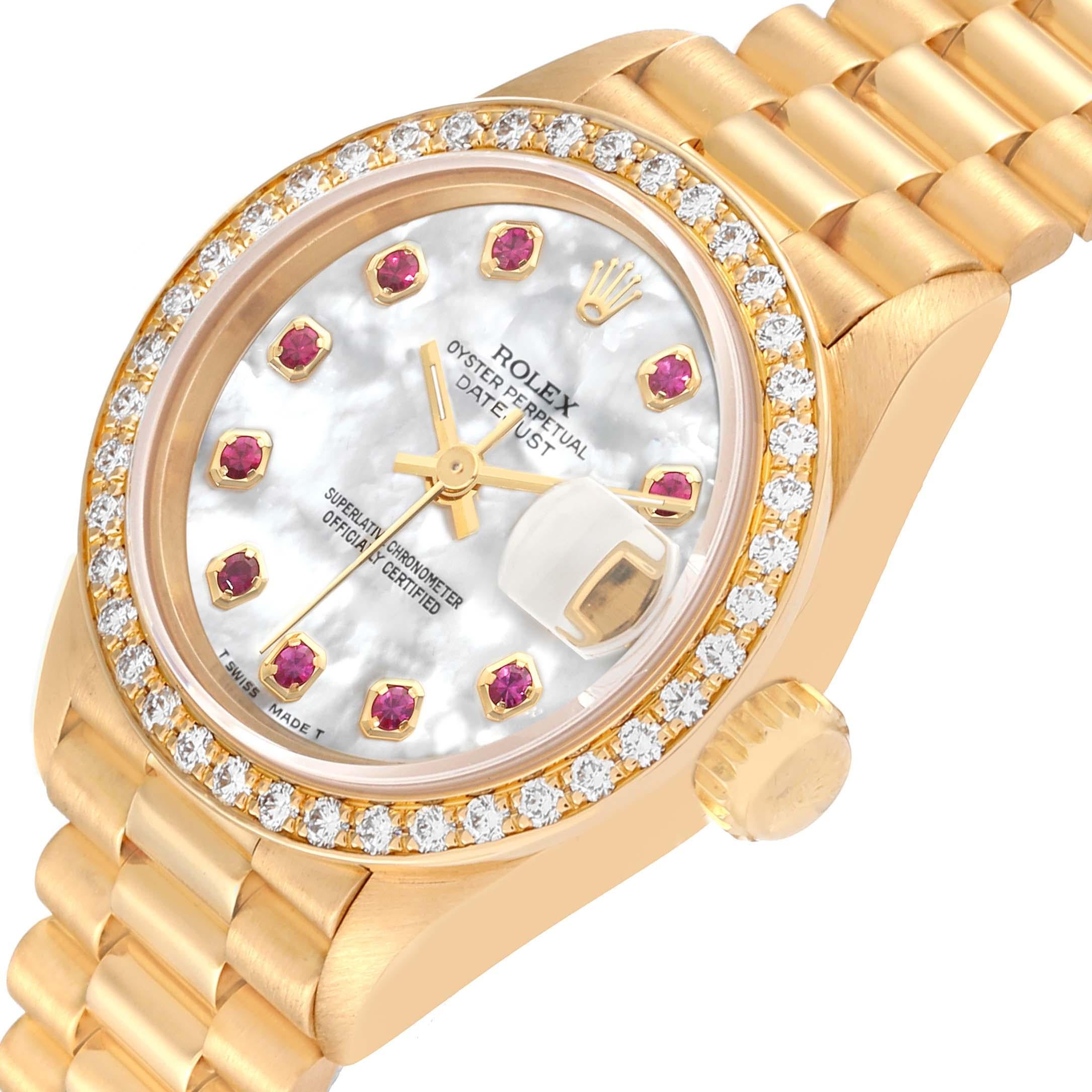 Rolex President Yellow Gold Mother Of Pearl Ruby Dial Diamond Ladies Watch 6913 In Excellent Condition In Atlanta, GA