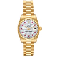 Rolex President Yellow Gold Mother Of Pearl Ruby Diamond Ladies Watch 179178