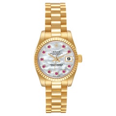 Rolex President Yellow Gold Mother Of Pearl Ruby Diamond Ladies Watch 179178