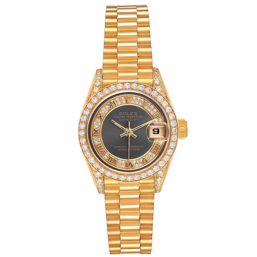 Rolex President Gelbgold Myriad Diamond Damenuhr 69158. Offiziell zertifiziertes Chronometerwerk mit automatischem Aufzug. oyster-Gehäuse aus 18 Karat Gelbgold mit einem Durchmesser von 26,0 mm. Rolex-Logo auf einer Krone. Original Rolex