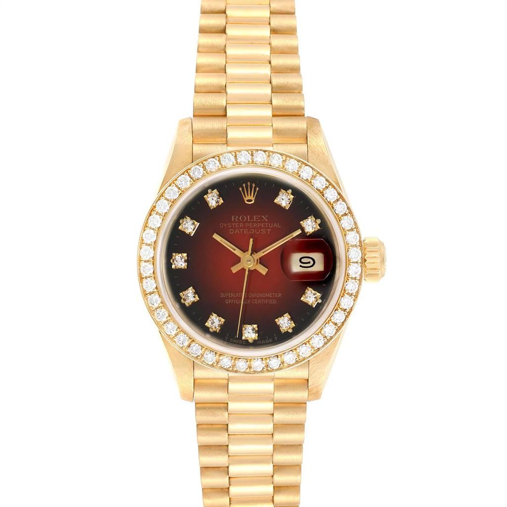 Rolex President Yellow Gold Red Vignette Diamond Ladies Watch 69138. Officially certified chronometer automatic self-winding movement. 18k yellow gold oyster case 26.0 mm in diameter. Rolex logo on a crown. Original Rolex 18k yellow gold diamond