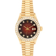 Rolex President Yellow Gold Red Vignette Diamond Ladies Watch 69138