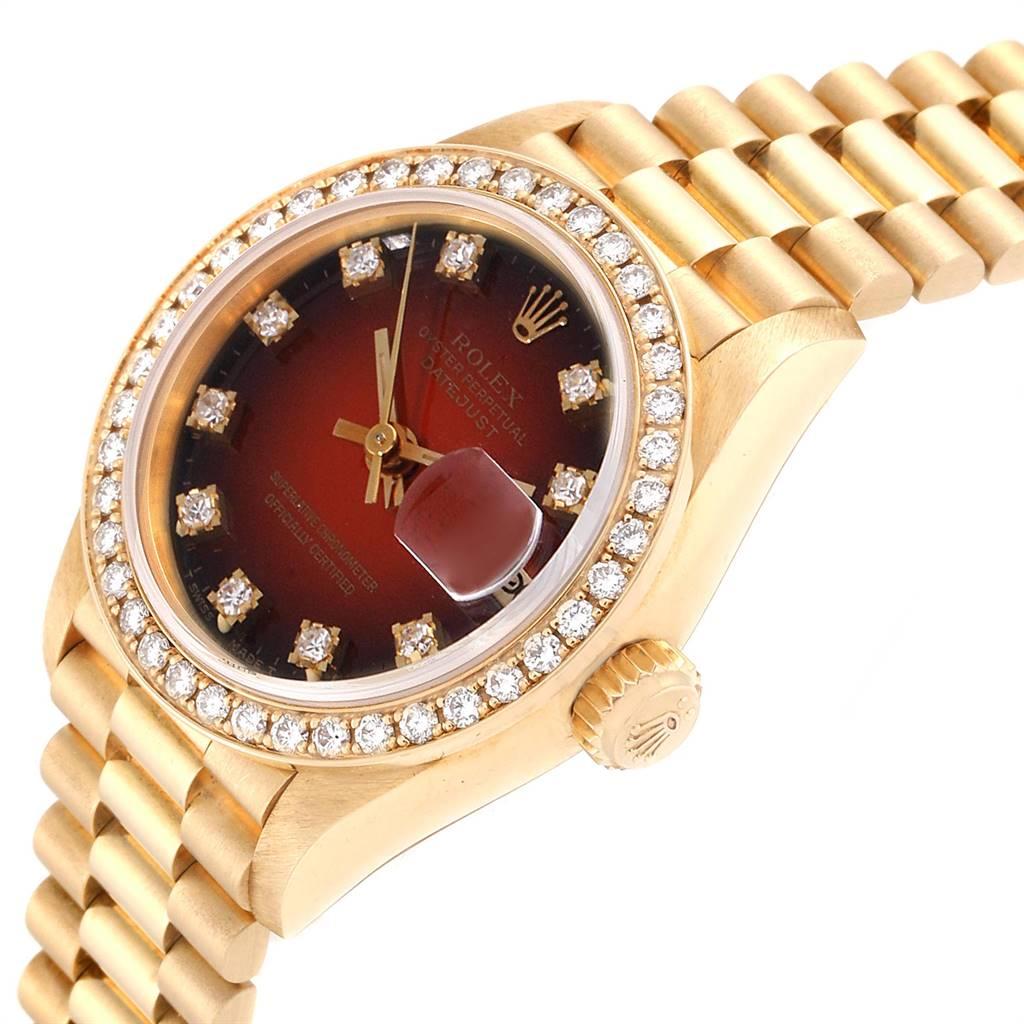 Rolex President Yellow Gold Red Vignette Diamond Ladies Watch 69138 In Good Condition In Atlanta, GA